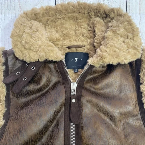 7 For All Mankind Brown Faux Leather Vest with Shearling Trim XS - Picture 3 of 14